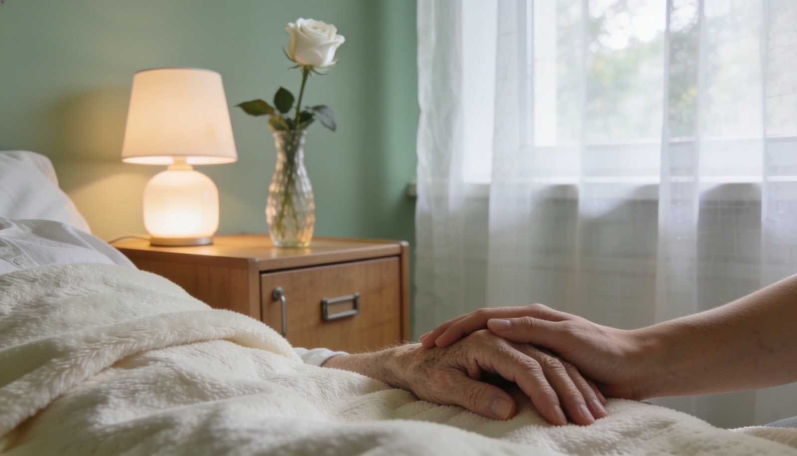An older person's hand gently held by a family member's, resting on a soft cream blanket beside a single white rose and a softly glowing lamp in quiet morning light.