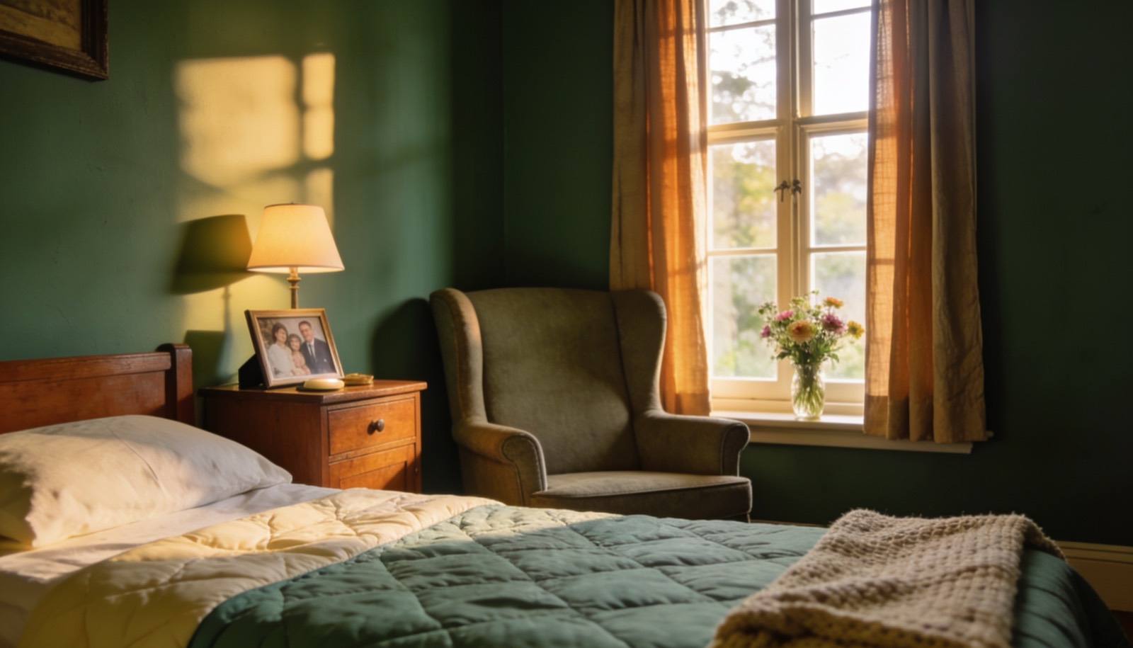 A homely private bedroom at The Willows, with a softly lit lamp, a wingback reading chair by a sash window, and garden flowers in warm afternoon light.