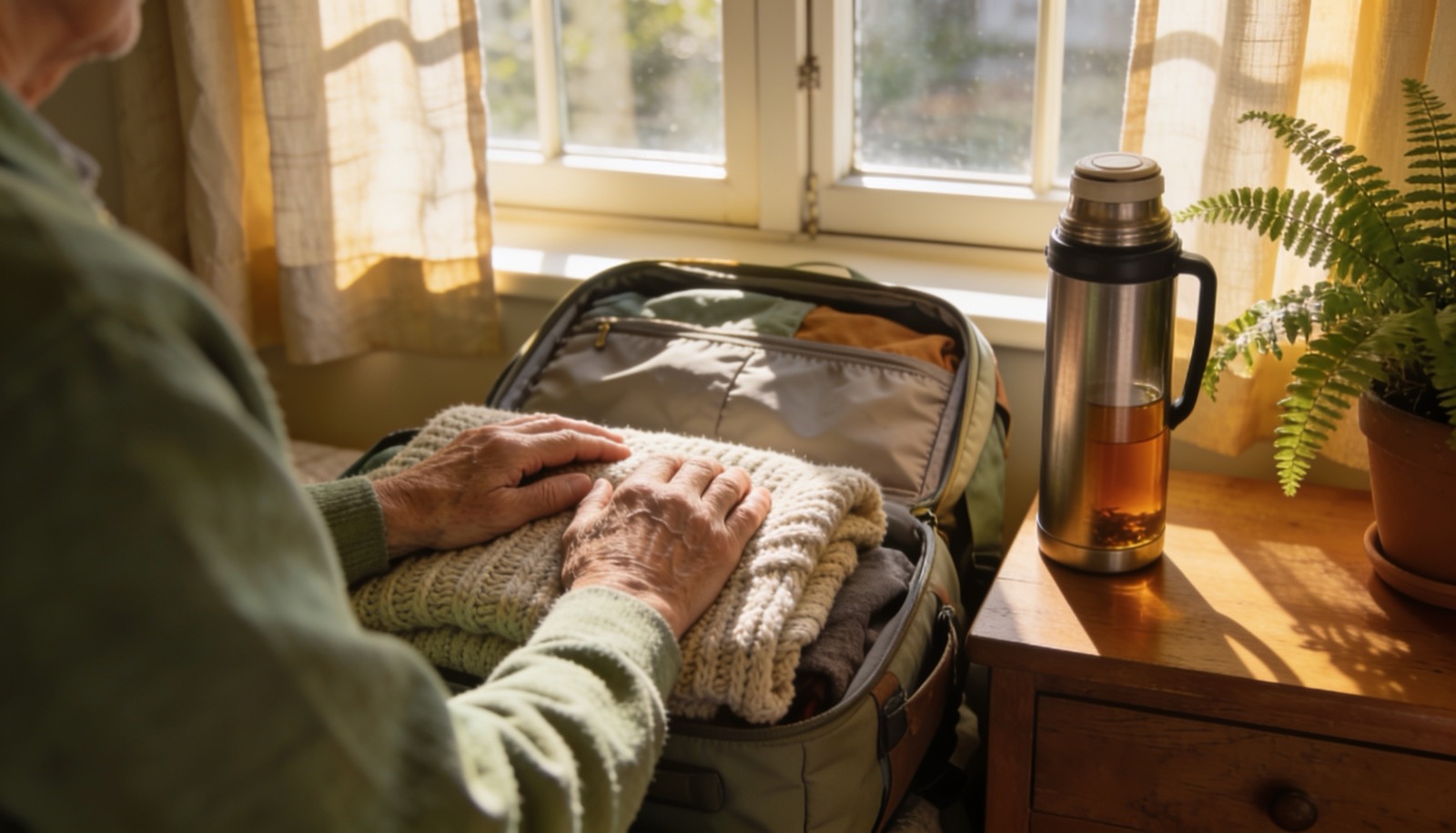 An older person packing a soft knitted blanket and a thermos of tea by a sunlit window, ready for a short, welcoming stay at The Willows.