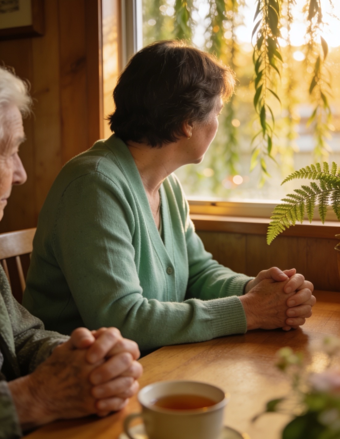 A long-serving carer sitting beside a resident at The Willows, holding her hands in the warm afternoon light.