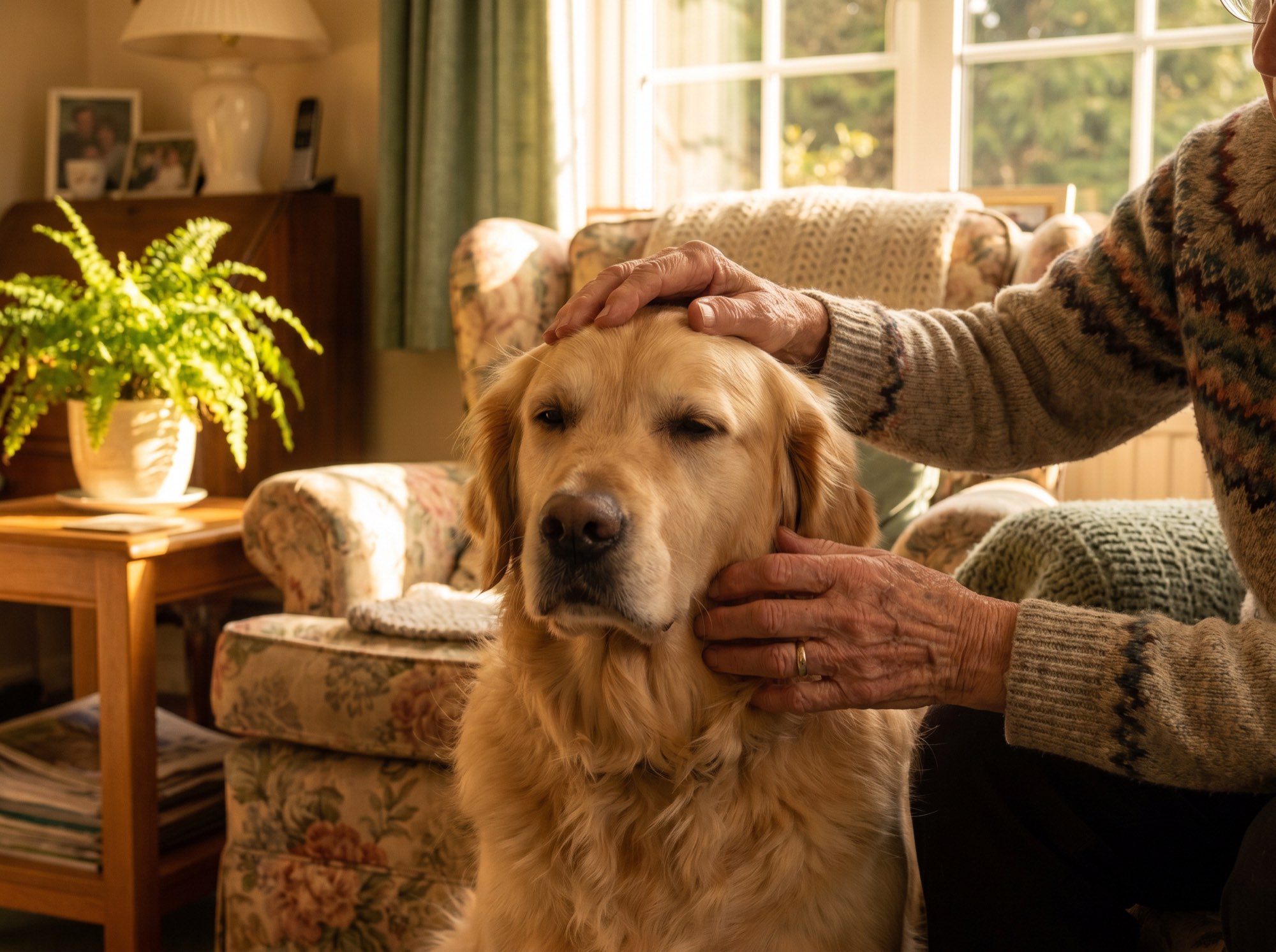 An older resident gently resting their hands on a calm golden retriever during a therapy-pet visit.